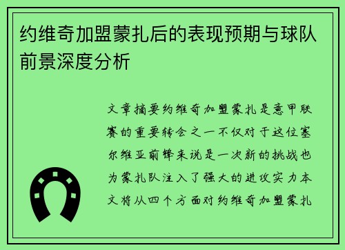 约维奇加盟蒙扎后的表现预期与球队前景深度分析