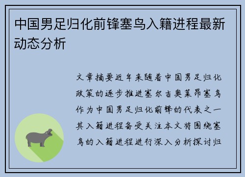 中国男足归化前锋塞鸟入籍进程最新动态分析