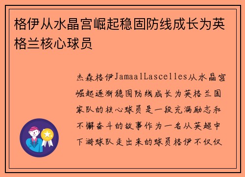 格伊从水晶宫崛起稳固防线成长为英格兰核心球员