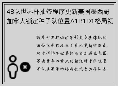 48队世界杯抽签程序更新美国墨西哥加拿大锁定种子队位置A1B1D1格局初定
