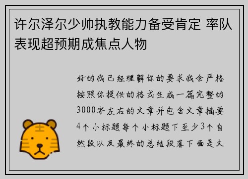 许尔泽尔少帅执教能力备受肯定 率队表现超预期成焦点人物